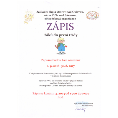 Zápis do 1. třídy ZŠ Ostrov nad Oslavou